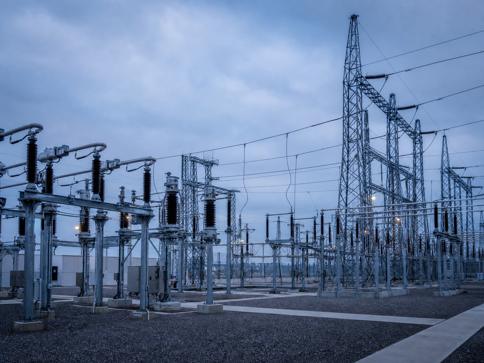 High-voltage electrical substation and transmission infrastructure at blue hour